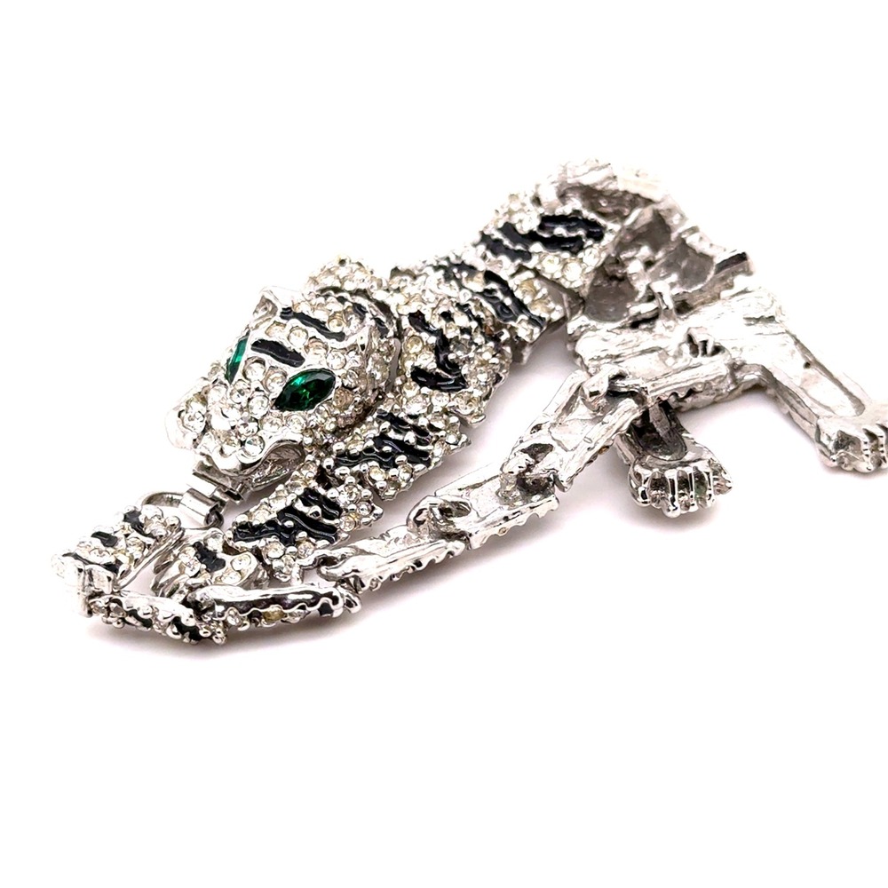 Vintage Articulated Tiger Link Bracelet Silver Tone Rhinestone Enamel 7.5"